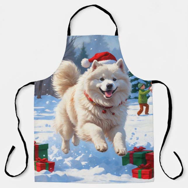 Tablier Samoyed Running en neige avec Casquette de Noël (Recto)
