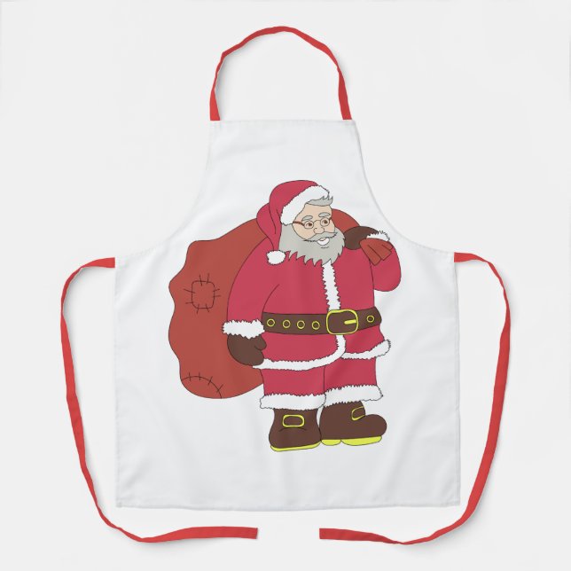 Tablier Santa Claus en rouge avec sac cadeau et lunettes (Recto)