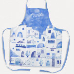 Tablier Santorini Watercolor Personalized<br><div class="desc">Watercolor blue and white painting based on Oia on the Greek island of Santorini. Change the name to personalize.</div>