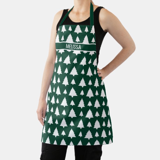 Tablier Sapin de Noël motif & nom vert et blanc (Insitu)