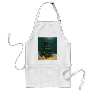 Tablier Sapin de Noël vintage la nuit avec des lumières