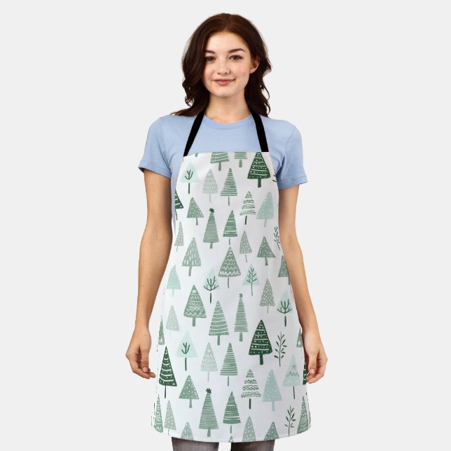 Tablier Sapins de Noël modernes Blanc et vert (Porté)