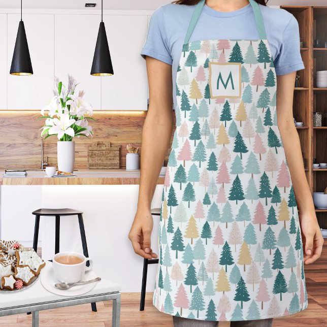 Tablier Sapins de Noël pastel Monogrammés Cuisine (A monogrammed kitchen apron with festive Christmas trees pattern in teal, pink, yellow and white)