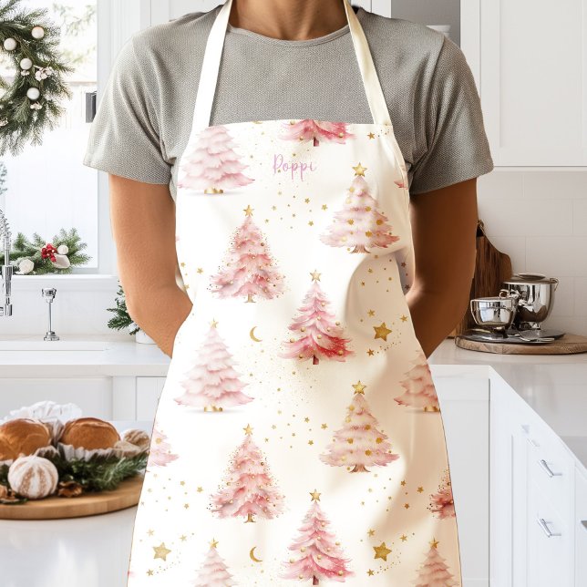 Tablier Sapins de Noël roses personnalisés  (Pink Christmas tree personalised holiday apron)