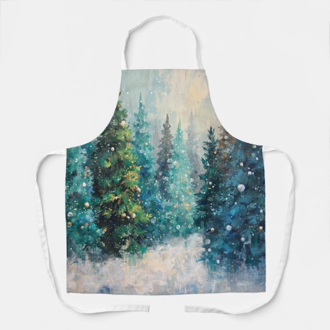 Tablier Sapins de Noël verts Forêt d'hiver (Recto)