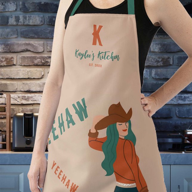 Tablier Sassy Cowgirl Yeehaw Terracotta Turquoise Monogram (friendsgiving christmas gift custom mom hostess apron monogram terracotta country western rustic)