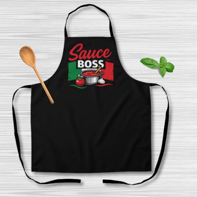 Tablier Sauce Boss - Drôle Italien Noir (Sauce Boss Funny Italian Black Apron with Italian Flag and illustration of sauce pot, tomato garlic)
