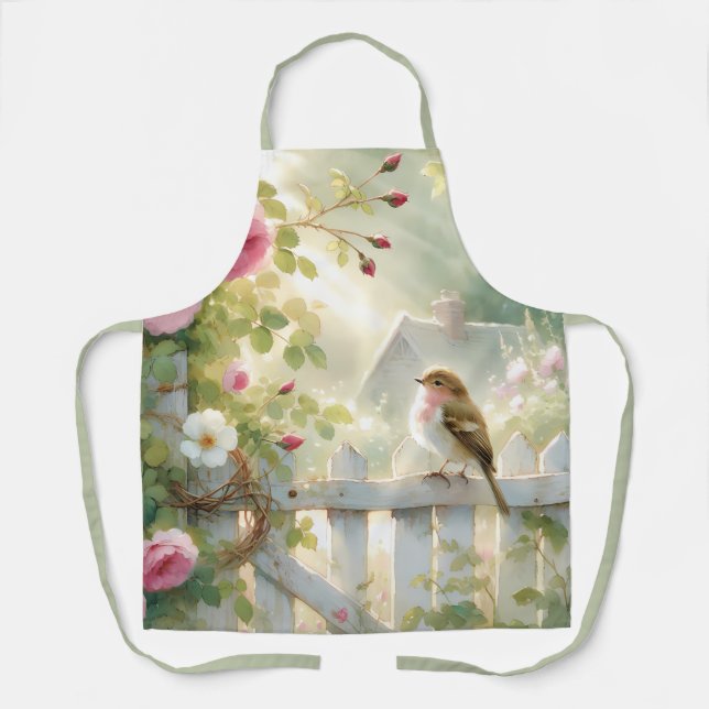 Tablier Scène aquarelle de rose de jardin et d'oiseau (Recto)