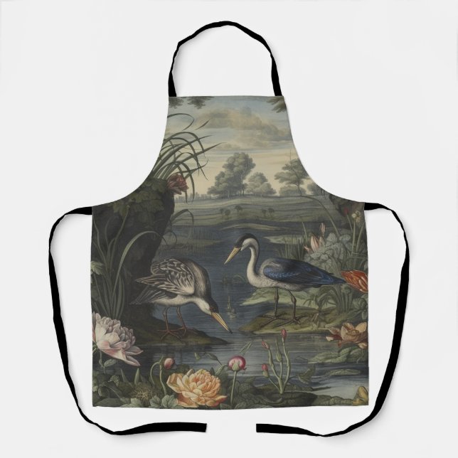 Tablier Scène botanique de grue bleue près d'une rivière (Recto)
