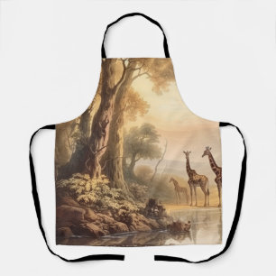 Tablier Scène botanique vintage de girafes au bord de la r