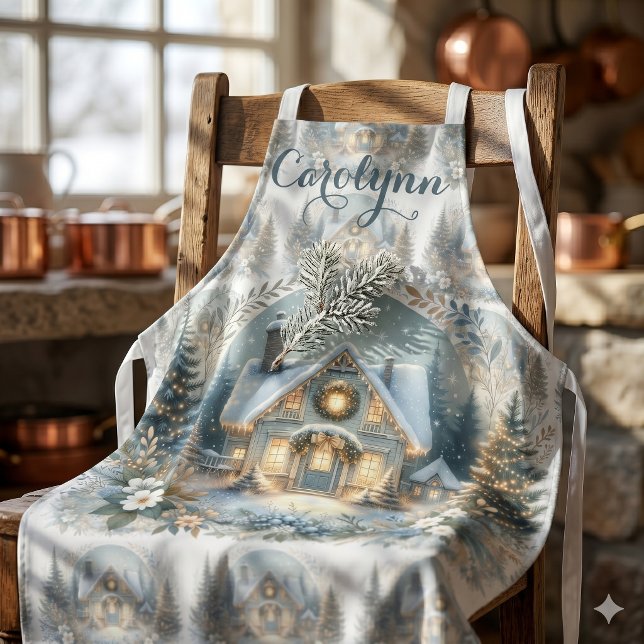 Tablier Scène de cabane enneigée lumineuse (Snowy Cottage Glow Scene Apron)