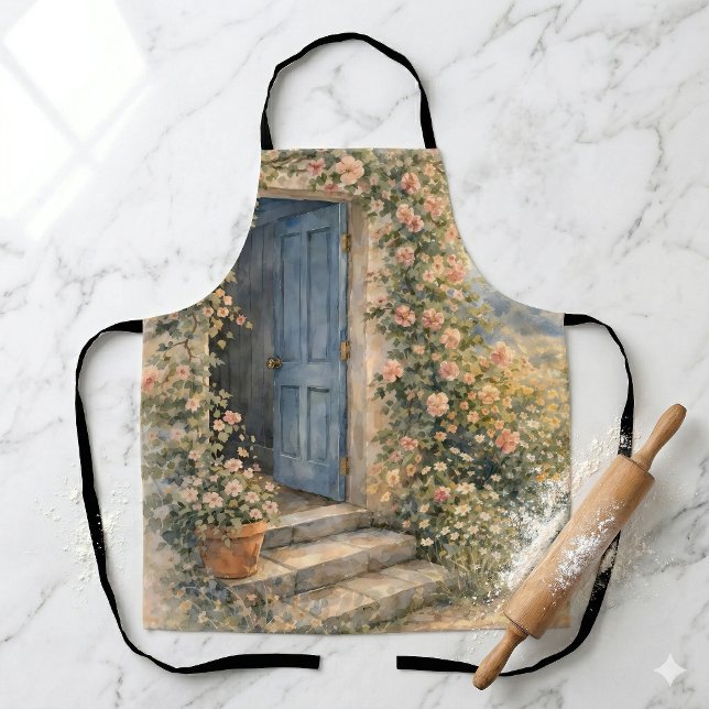 Tablier Scène de chemin fleuri à la porte bleue du jardin  (Cottage Garden Blue Door Floral Path Scene Apron)