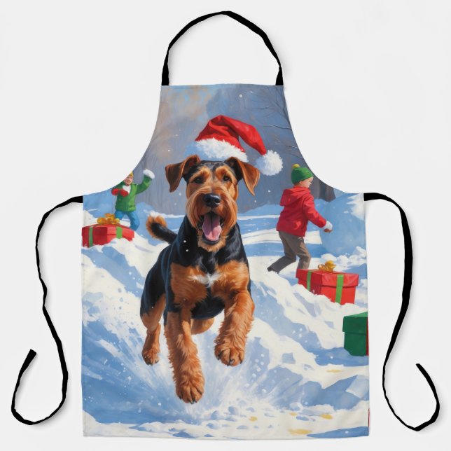 Tablier Scène de neige festive de Noël Airedale (Recto)