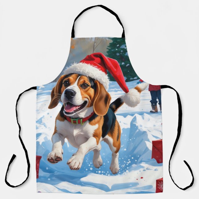 Tablier Scène de neige festive de Noël avec Beagle (Recto)