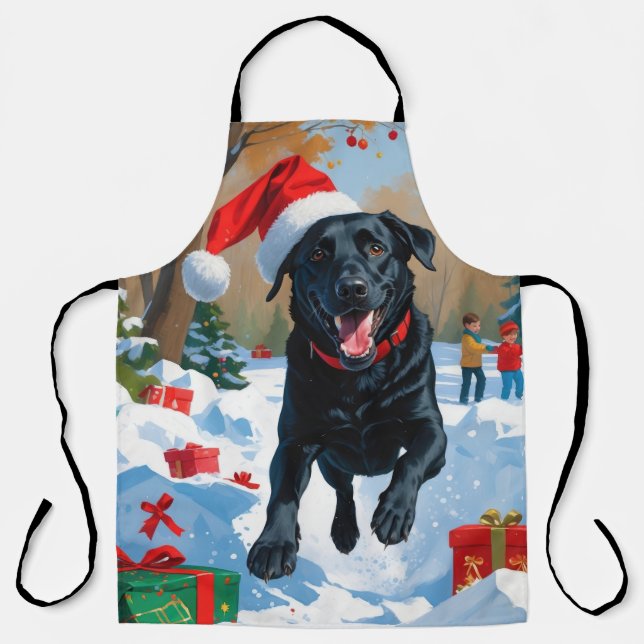 Tablier Scène de neige festive de Noël avec Labrador noir (Recto)