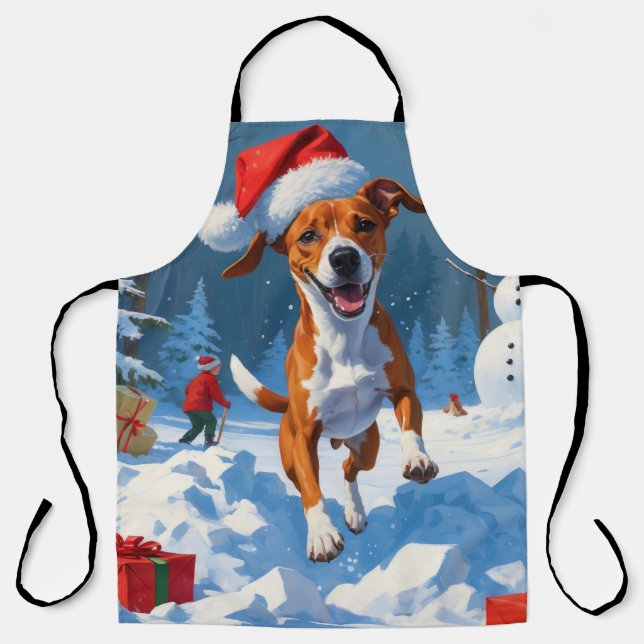 Tablier Scène de neige festive de Noël avec un Basenji (Recto)