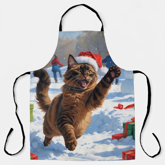 Tablier Scène de neige festive de Noël avec un chat abyssi (Recto)
