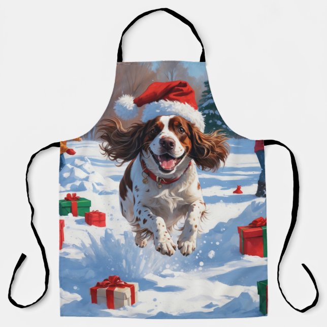 Tablier Scène de neige festive de Noël avec un épagneul br (Recto)