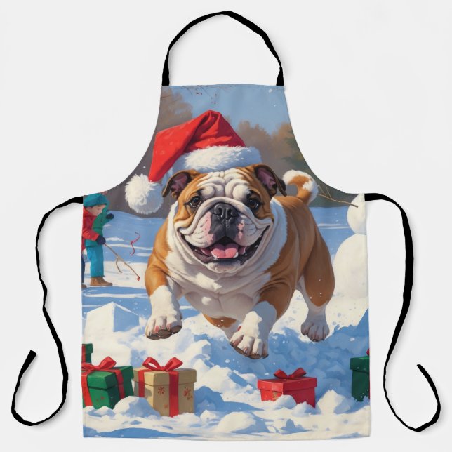 Tablier Scène de neige festive de Noël Bulldog (Recto)