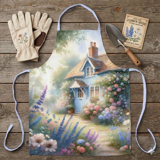 Tablier Scène florale de maison bleue de jardin de campagn (Pastel Cottage Garden Blue House Floral Scene Apron On Wood Floor)