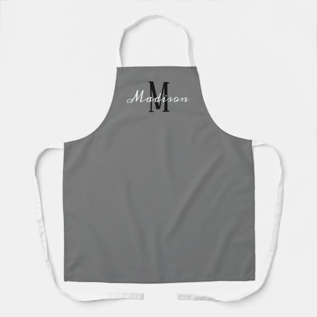Tablier Script gris moderne Monogramme Cuisine personnalis (Recto)