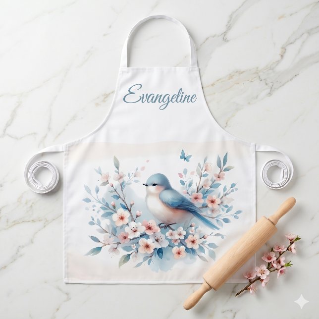 Tablier Sérénité Aquarelle Fleur de Merle Bleu (Bluebird Blossom Watercolor Serenity Apron)