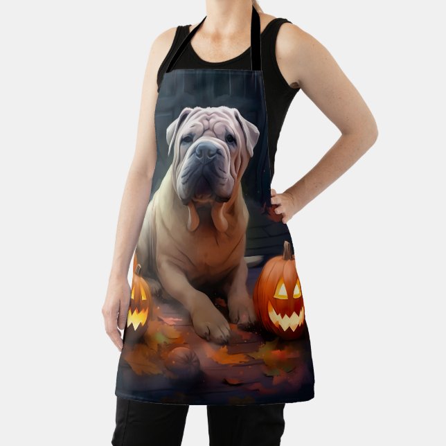 Tablier Shar Pei Halloween avec citrouilles effrayant (Insitu)