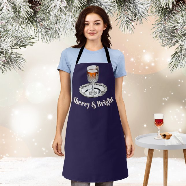 Tablier Sherry & Bright Funny Novelty Cuisine de Noël (A festive kitchen apron with glass of sherry picture and 'Sherry & Bright' caption)