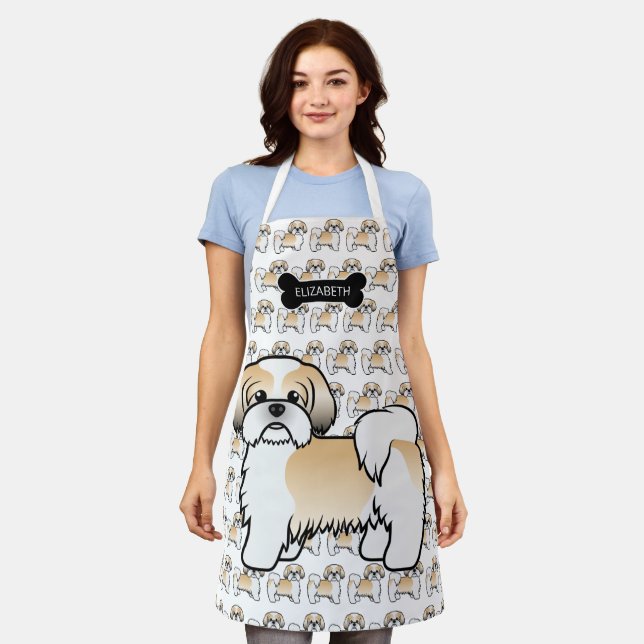 Tablier Shih Tzu de dessin animé or et blanc & nom (Porté)