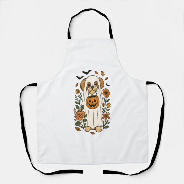 Tablier Shih Tzu Halloween avec fleurs d'automne (Recto)