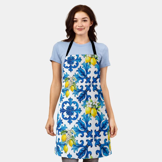 Tablier sicilien, été, citron, mosaïque, bleu (Porté)