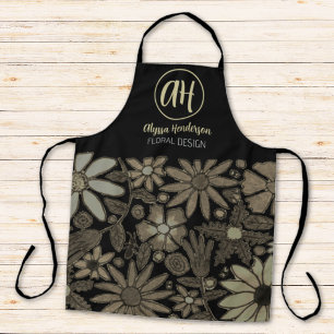 Tablier Simple logo floral design noir et chamois fleurist