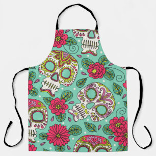 Tablier Skull and Flowers. Seamless Background. Mexican da
