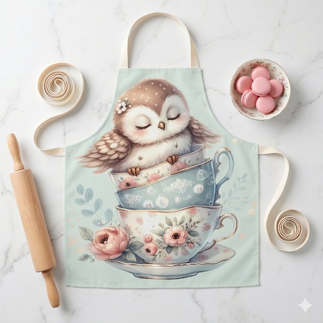 Tablier Sleeping Owl in Stacked Floral Teacups (Sleeping Owl in Stacked Floral Teacups Apron)