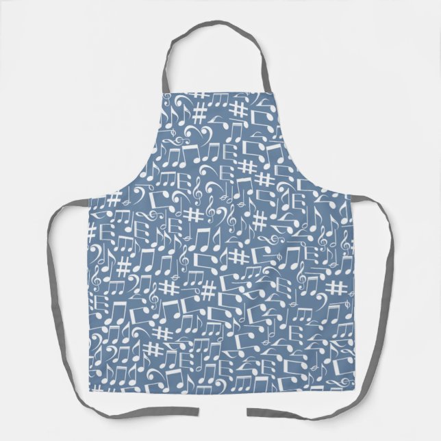 Tablier Smokey Blue avec des notes de musique blanches dan (Recto)