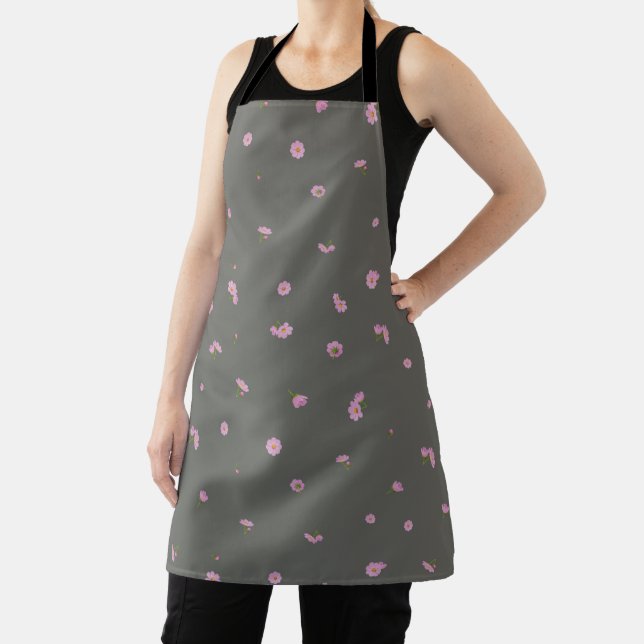 Tablier Smoky Olive Light Pink Cosmos Floral Pattern (Insitu)
