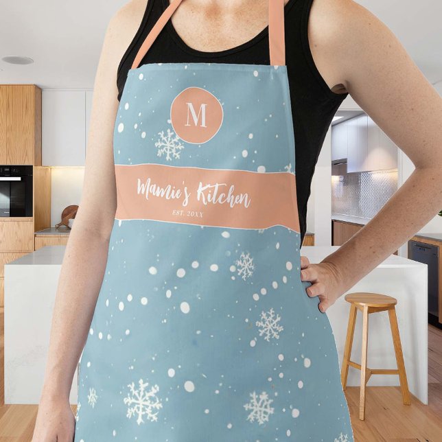 Tablier Snowflakes Vintage Blue Pêche rose Monogramme Cade (retro vintage personalized mom hostess apron snowflakes blue pink monogram christmas gift pretty )