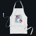 TABLIER SNOWMAN AND PENGUIN'S WINTER SERENADE<br><div class="desc">Whimsical, colorful original pastel painting in blue white red colors, snowman and penguin playing violin in winter snow with red flowers, flourishes.by Bulgan Lumini (c)</div>