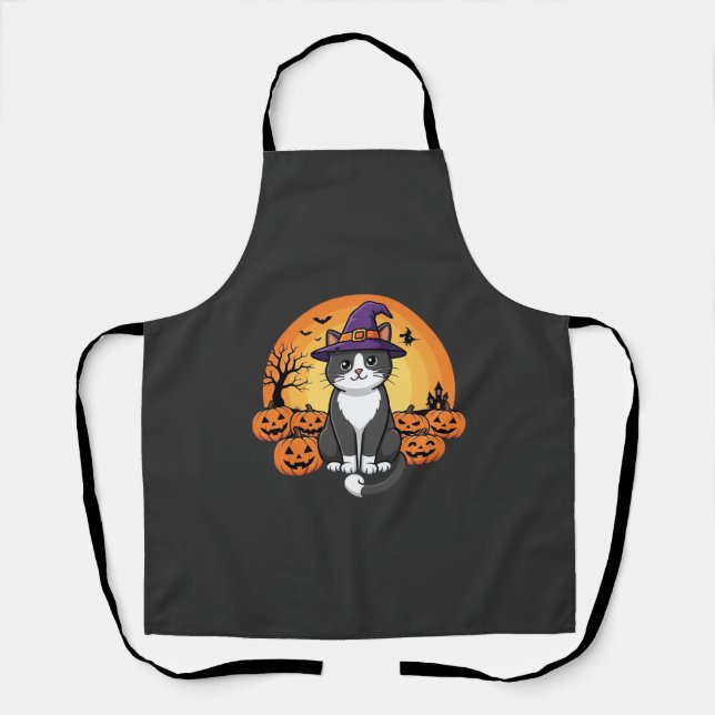 Tablier Sorcière d'Halloween Chat Citrouille Lune Concepti (Recto)