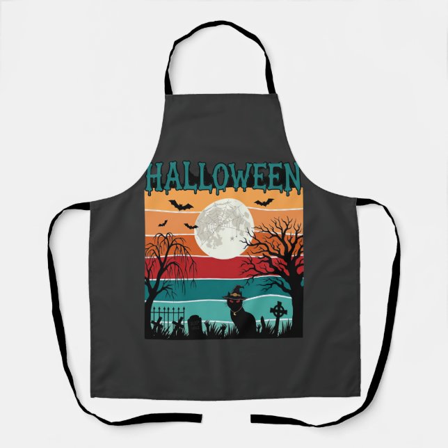 Tablier Sorcière d'Halloween Chat Toile d'Araignée Lune Ci (Recto)