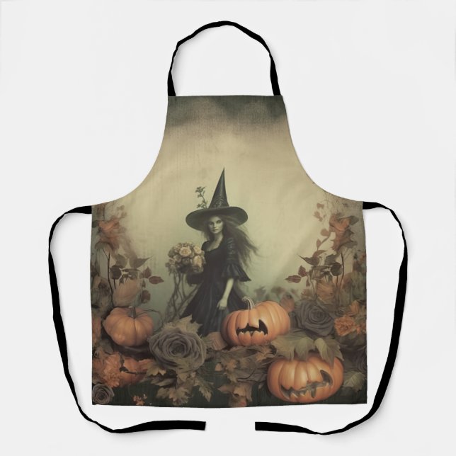 Tablier Sorcière gothique sépia avec citrouilles et roses  (Recto)