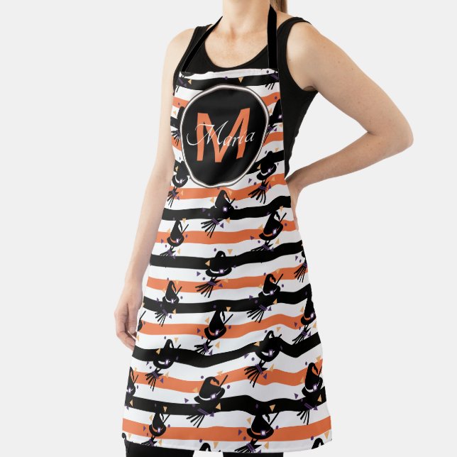 Tablier Sorcière Mignonne Halloween Rayures Orange Noir Mo (Insitu)