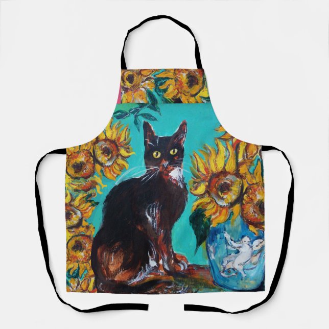 TABLIER SOUCHES AVEC CHAT NOIR EN TURQUOISE BLEUE (Recto)