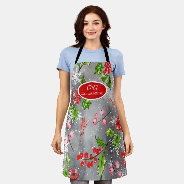 Tablier Sowflakes Holly Berry BranchesGrey Holiday Apron (Porté)