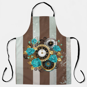Tablier Steampunk Clock and Turquoise Roses on Striped