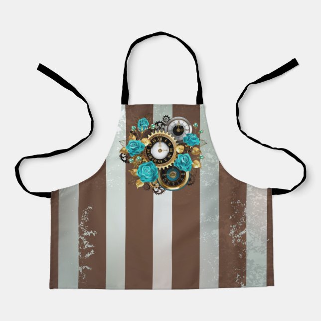 Tablier Steampunk Clock and Turquoise Roses on Striped (Recto)