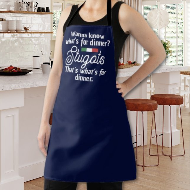 Tablier Stugots Drôle de Marine Italienne (Funny Italian Apron in Navy. "Wanna Know What's For Dinner? STUGOTS. That's What's for dinner.)