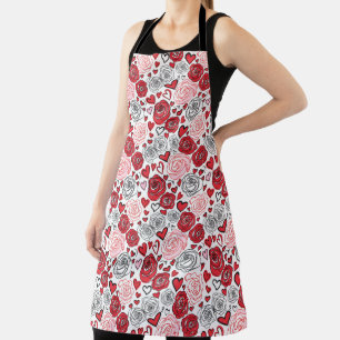 Tablier Style de dessin de roses rouges roses coeurs Saint