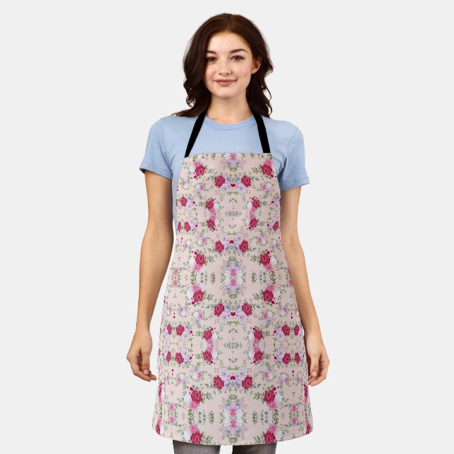 Tablier Stylé rouge et violet imprimé à fleurs sur rose vi (Porté)