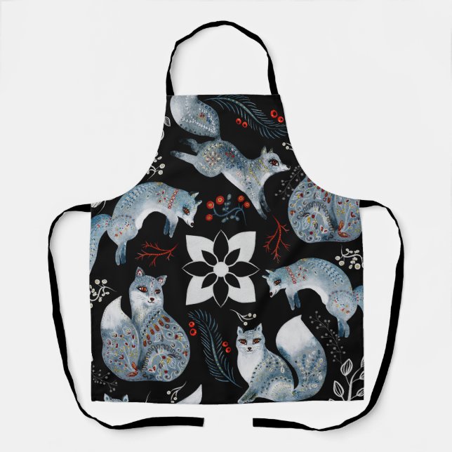 Tablier  Stylized blue foxes with intricate floral designs (Recto)